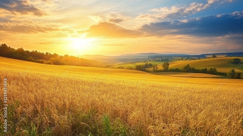 Obraz premium Golden sunset over rolling wheat fields, idyllic rural landscape, summer evening