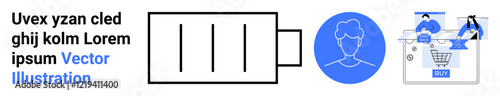 Battery icon, abstract users profile in a blue circle, and shopping cart with digital interface. Ideal for technology, user interface, e-commerce, shopping, consumer behavior, internet services
