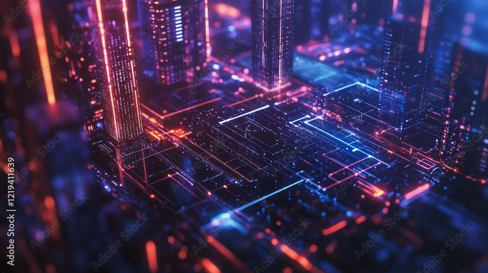 Fototapeta premium Smart digital Innovation city with connection network reciprocity over the twilight cityscape. of future smart wireless digital city and social media networking systems that connects people with city