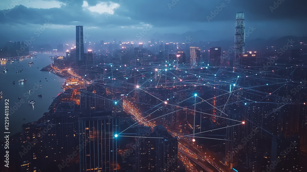 Fototapeta premium Smart digital Innovation city with connection network reciprocity over the twilight cityscape. of future smart wireless digital city and social media networking systems that connects people with city