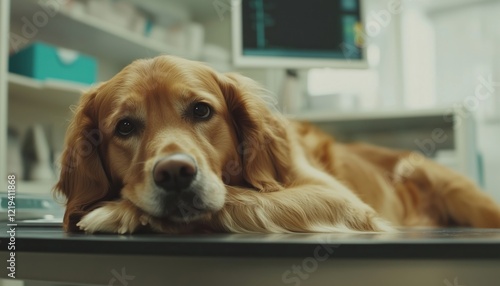 Golden Retriever Receiving A Vaccination At The Animal Hospital. A Dog Getting An Injection At The Veterinary Clinic. Canine Receiving Medical Treatment. photo