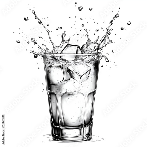 Isolated monochromatic illustration of a glass filled with ice cubes and water, with splashes dynamically frozen in motion, set against the clean white background.