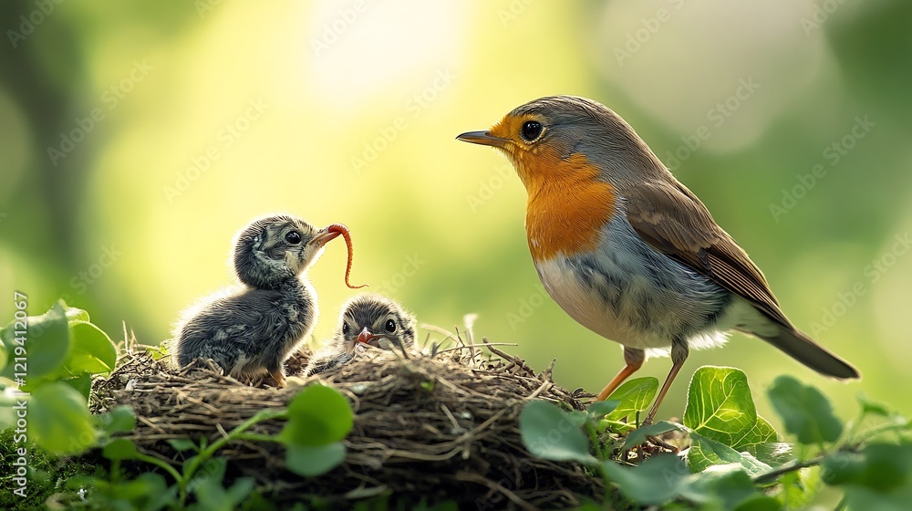 Fototapeta premium A robin feeding earthworms to its chicks in a nest surrounded by greenery