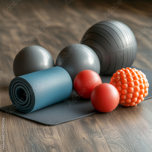 Set of balls of different sizes, foam roll and yogamat on wooden floor. Professional equipment for fitness and myofascial release. photo