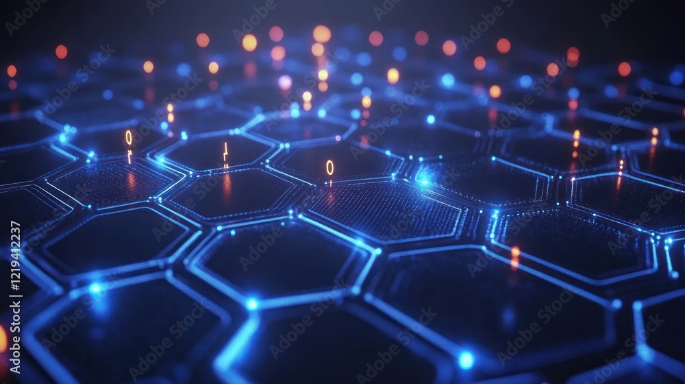Abstract hexagonal pattern with glowing blue lines and orange dots, representing data flow and digital connectivity. Abstract hexagonal pattern with glowing blue lines and orange dots, representing data flow and digital connectivity.