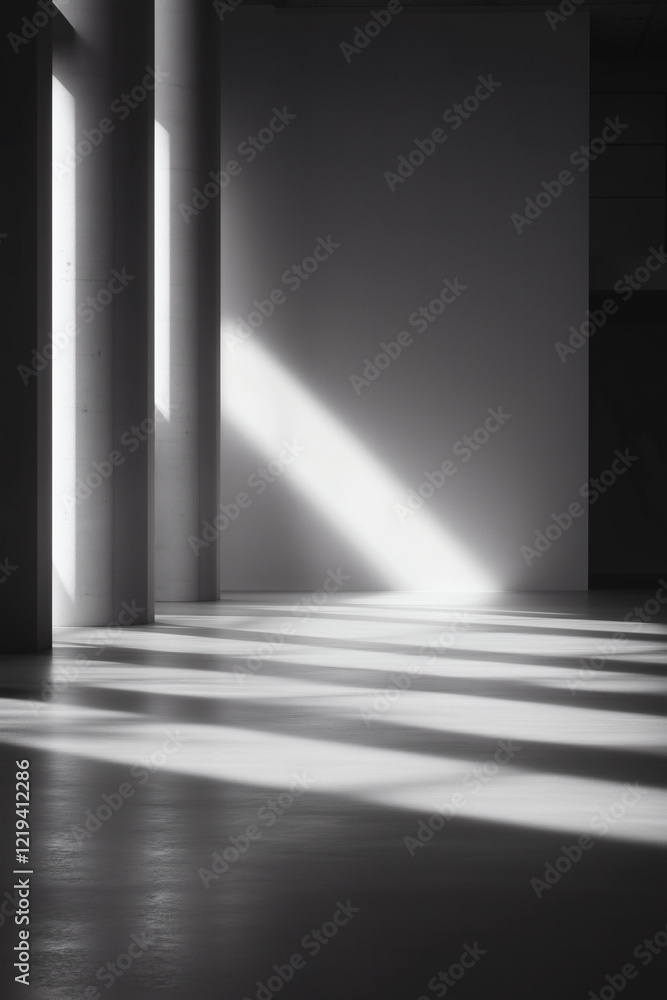 Sunlight streams through a minimalist interior. Sunlight streams through a minimalist interior.