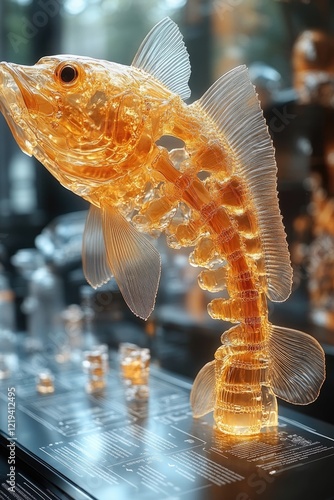 A detailed sculpture of a gold fish displayed in a clear glass case photo