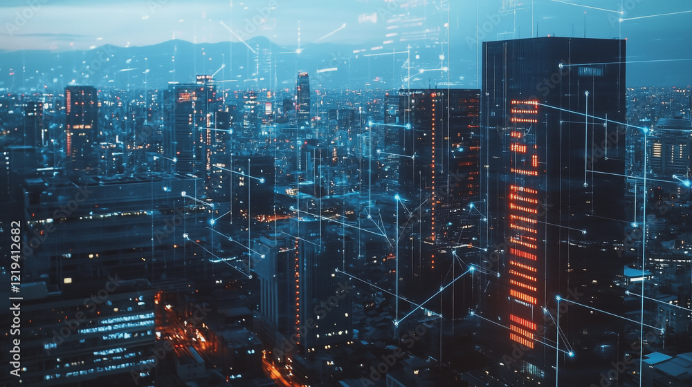 Obraz premium Smart digital Innovation city with connection network reciprocity over the twilight cityscape. of future smart wireless digital city and social media networking systems that connects people with city