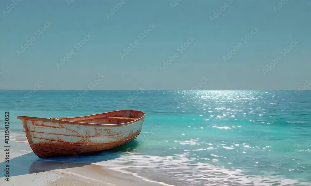 Tranquil Wooden Boat Resting on Golden Beach at Sunrise or Sunset Tranquil Wooden Boat Resting on Golden Beach at Sunrise or Sunset