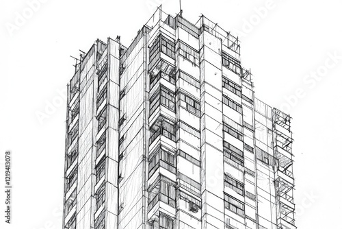 A detailed pencil drawing of a tall city building with intricate architecture and ornate details photo