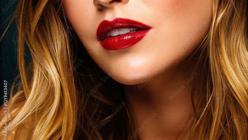 Close-up of brightly painted lips with bright lipstick, radiating femininity and style, with space allocated for beauty text Close-up of brightly painted lips with bright lipstick, radiating femininity and style, with space allocated for beauty text