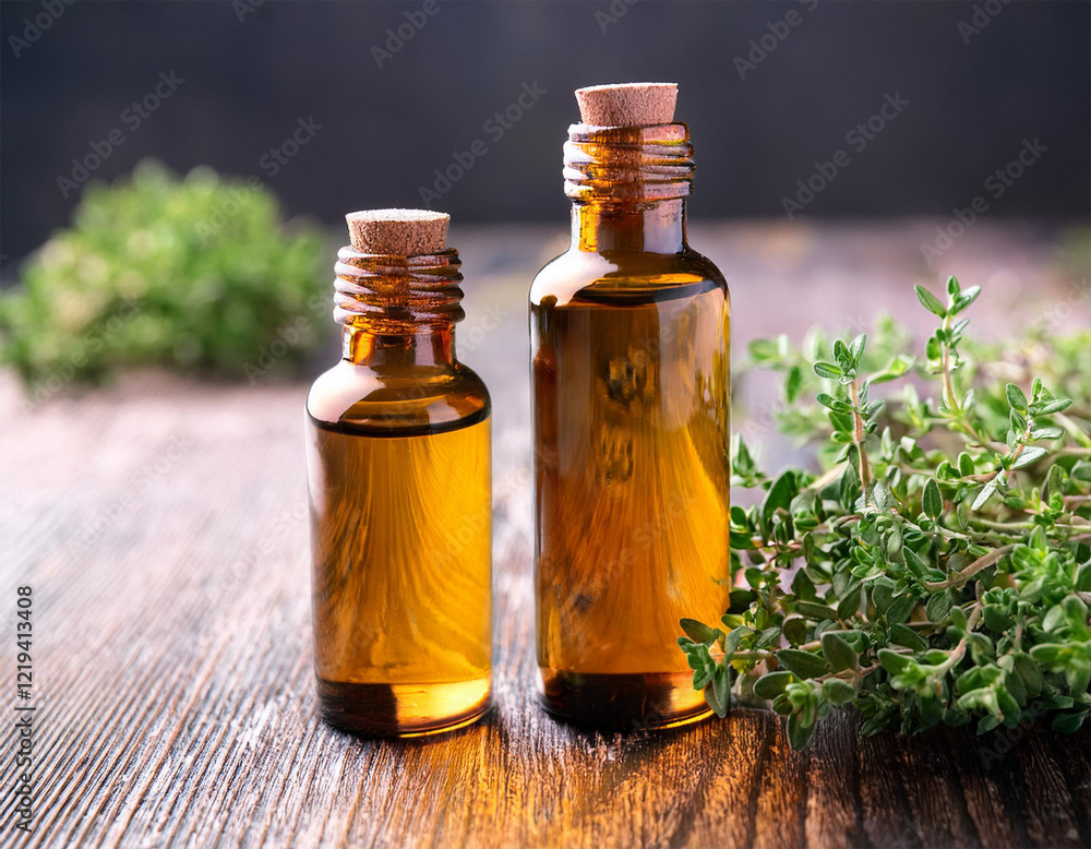 two bottles of aromatherapy essential oil with thyme leaves two bottles of aromatherapy essential oil with thyme leaves