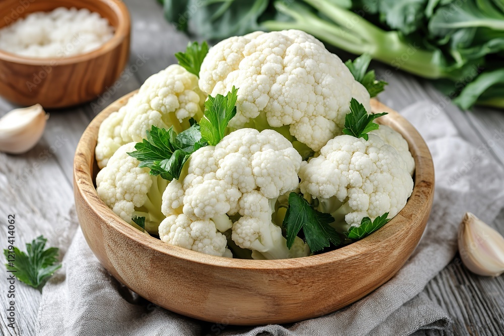Fresh cauliflower in wooden bowl with parsley and garlic on table Fresh cauliflower in wooden bowl with parsley and garlic on table