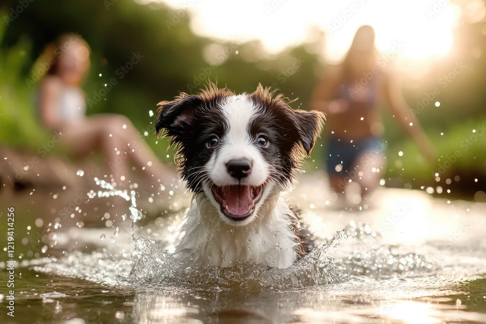 Joyful puppy splashes in water, capturing playful essence of sum Joyful puppy splashes in water, capturing playful essence of sum