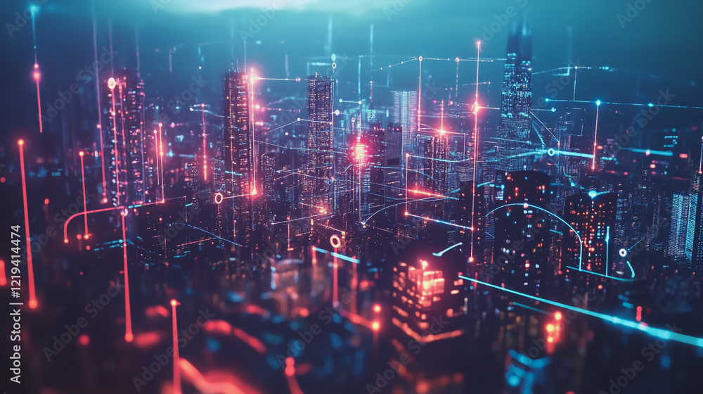 Obraz premium Smart digital Innovation city with connection network reciprocity over the twilight cityscape. of future smart wireless digital city and social media networking systems that connects people with city