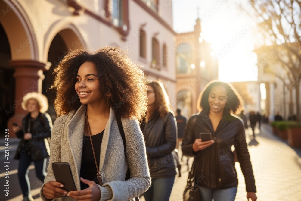 young african american woman, positive smile, walking european street, presumably student, sunbeam young african american woman, positive smile, walking european street, presumably student, sunbeam