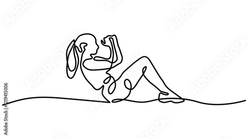 continuous one line drawing of young happy woman exercising ,   woman exercise sit up with fitness ball in gym fitness center graphic vector illustration.