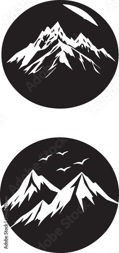 set of mountain icons black and white in circle