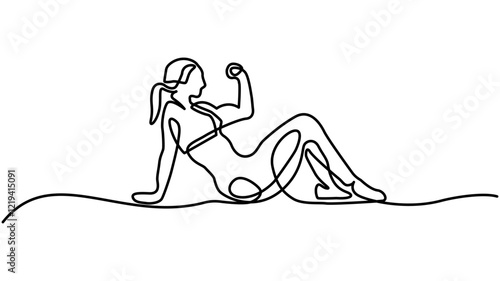 continuous one line drawing of young happy woman exercising ,   woman exercise sit up with fitness ball in gym fitness center graphic vector illustration.