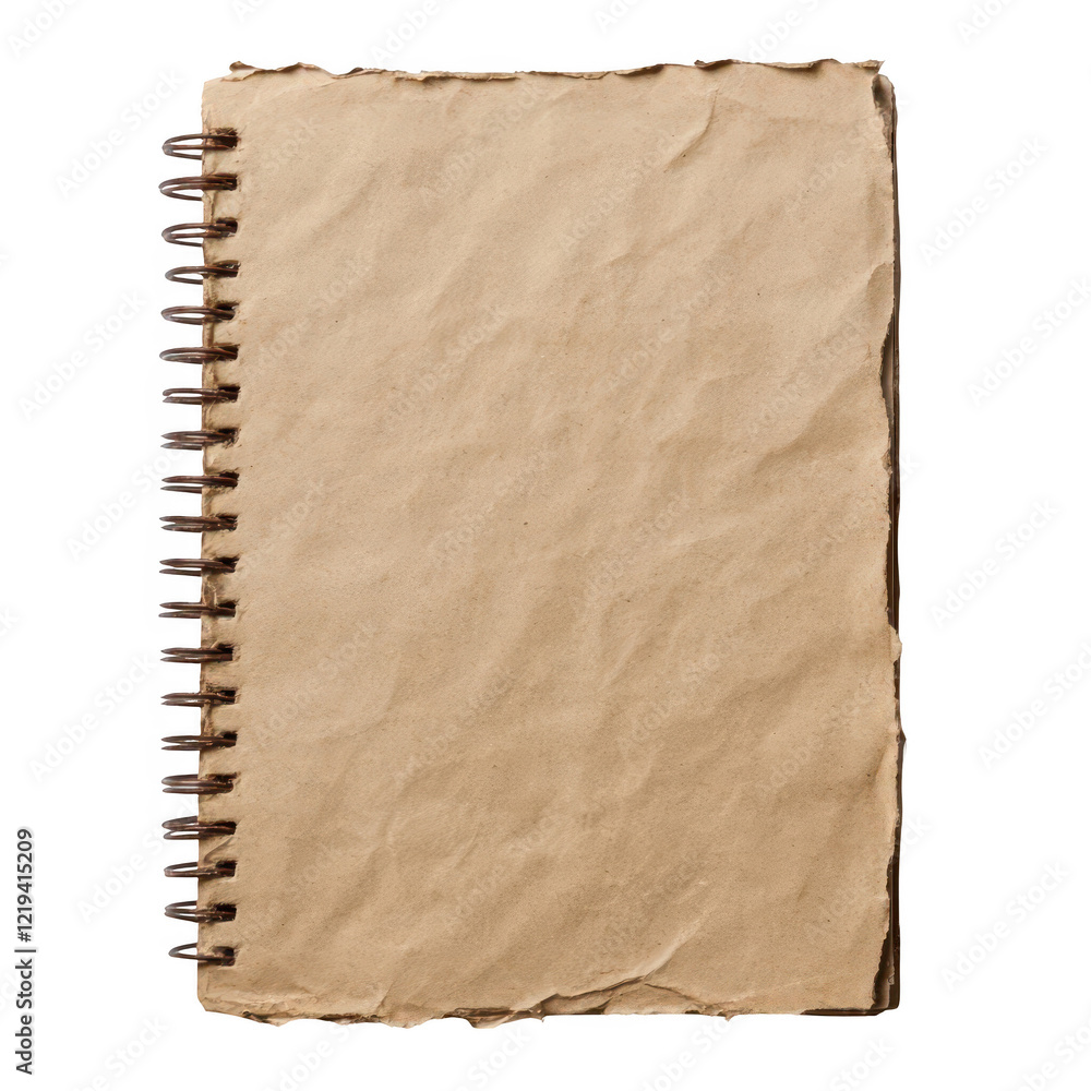 Fototapeta premium Old brown spiral notebook with crinkled pages for sketching and writing close-up view