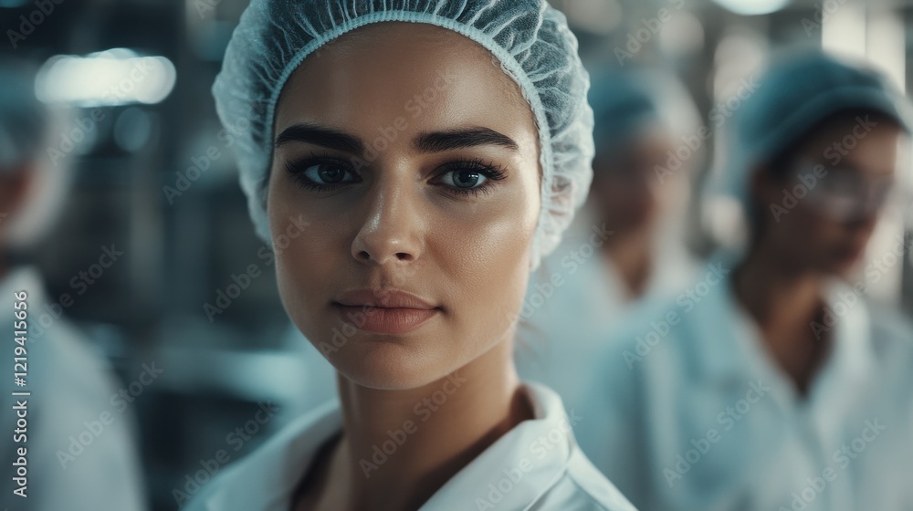 Group of diversity factory worker wearing white uniform and hairnet at. beverage factory. Portrait of multicultural worker at work Group of diversity factory worker wearing white uniform and hairnet at. beverage factory. Portrait of multicultural worker at work