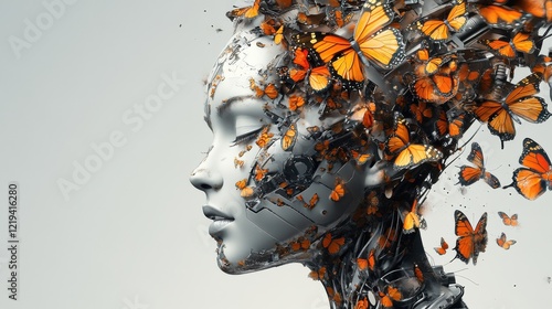 A modern, futuristic woman created from butterflies merging with robotic elements, isolated on a sleek grey background. Space for text is provided at the top and bottom photo