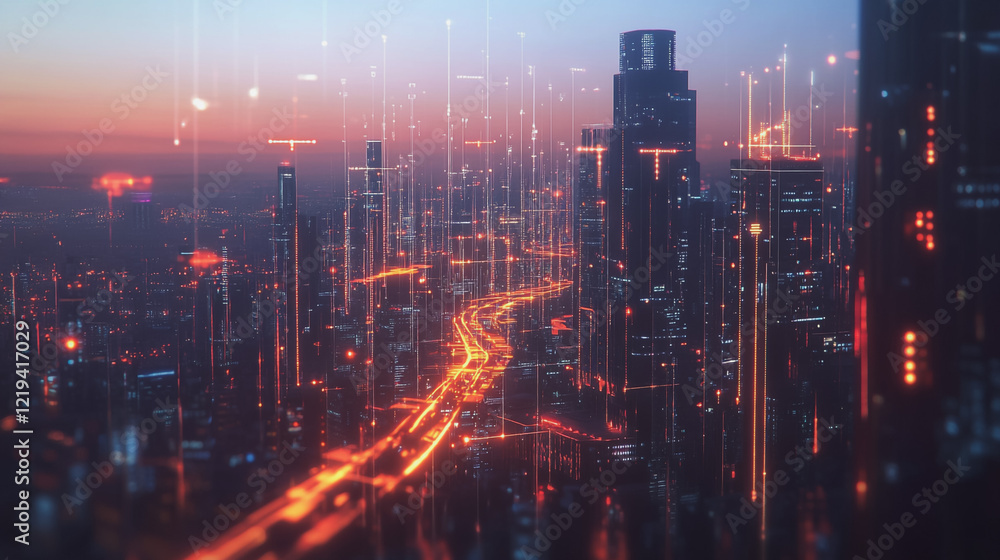 Smart digital Innovation city with connection network reciprocity over the twilight cityscape. of future smart wireless digital city and social media networking systems that connects people with city Smart digital Innovation city with connection network reciprocity over the twilight cityscape. of future smart wireless digital city and social media networking systems that connects people with city