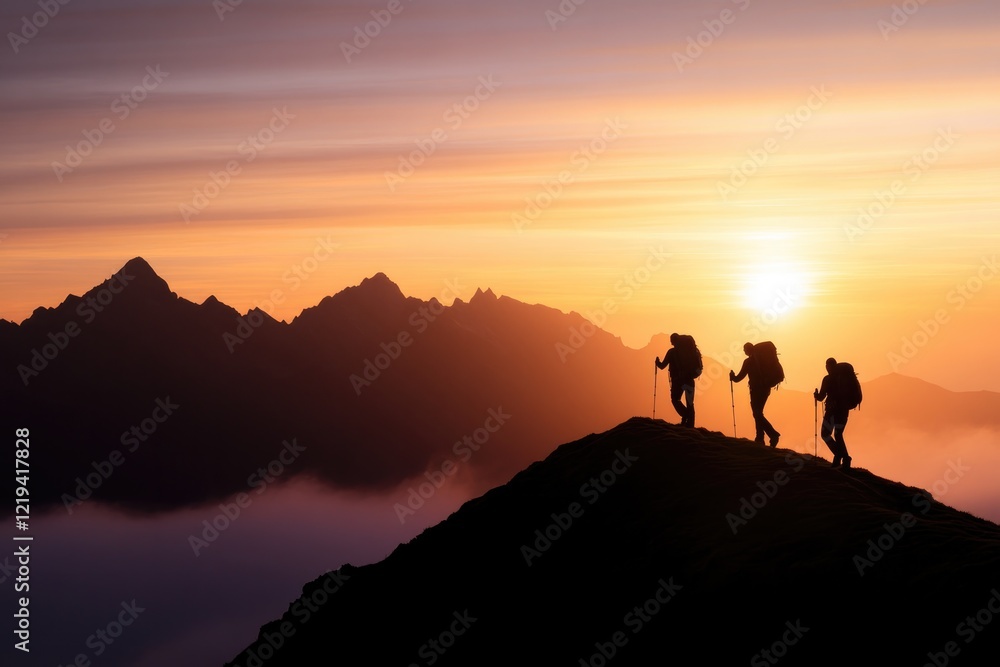 Silhouettes of hikers ascend mountain peak during breathtaking s Silhouettes of hikers ascend mountain peak during breathtaking s