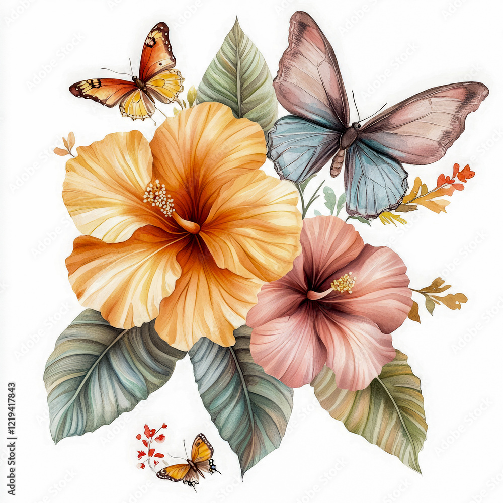 Obraz premium Illustration of vibrant hibiscus flowers and butterflies in soft pastel tones, featuring detailed leaves and a white background. 