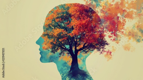 Abstract illustration conveying mental health awareness with vibrant colors and symbolic imagery, ideal for campaigns and educational resources.

