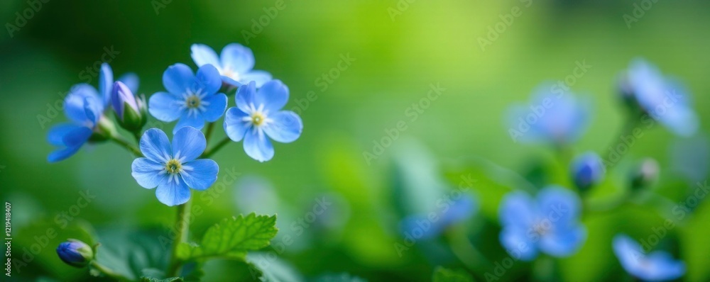 Blue forget me nots in full bloom on a lush green background, myosotis sylvatica, wildflowers, flowers Blue forget me nots in full bloom on a lush green background, myosotis sylvatica, wildflowers, flowers
