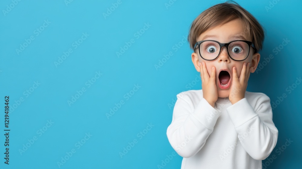 Surprised Kid in Glasses with Hands on Face Expressing Shock Against a Bright Blue Background Surprised Kid in Glasses with Hands on Face Expressing Shock Against a Bright Blue Background