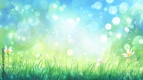 Green grass and a brilliant blue sky create a serene spring meadow, enhanced with light bokeh and ample space for text.