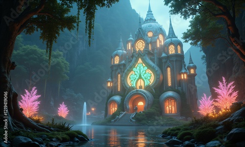 An Art Nouveau-inspired city with ornate, flowing designs, nestled within a mystical forest with glowing flora