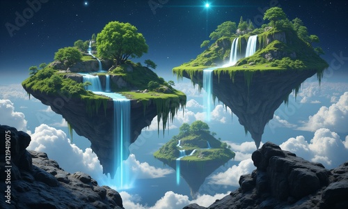 Floating islands with lush greenery and waterfalls, suspended in a starry space with a cosmic backdrop