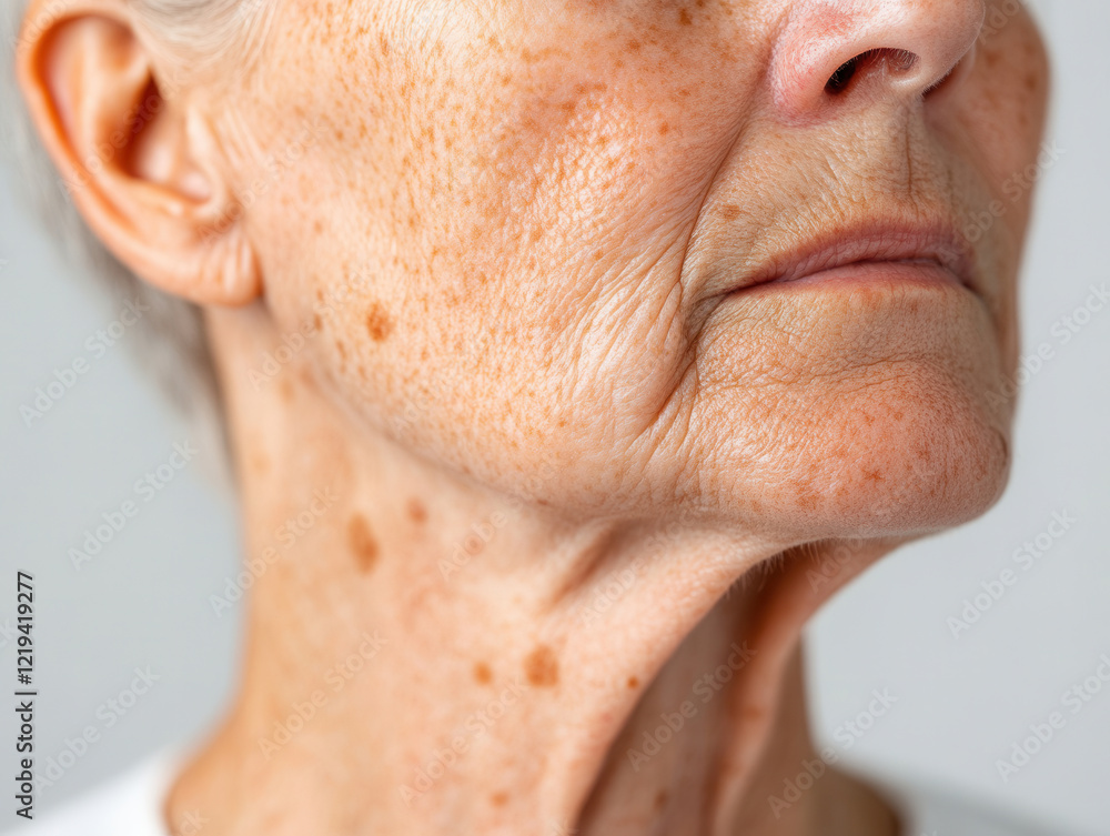 Close-up of Aging Skin with Visible Changes and Freckles – Dermatology Concept Close-up of Aging Skin with Visible Changes and Freckles – Dermatology Concept