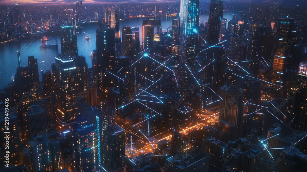 Fototapeta premium Smart digital Innovation city with connection network reciprocity over the twilight cityscape. of future smart wireless digital city and social media networking systems that connects people with city