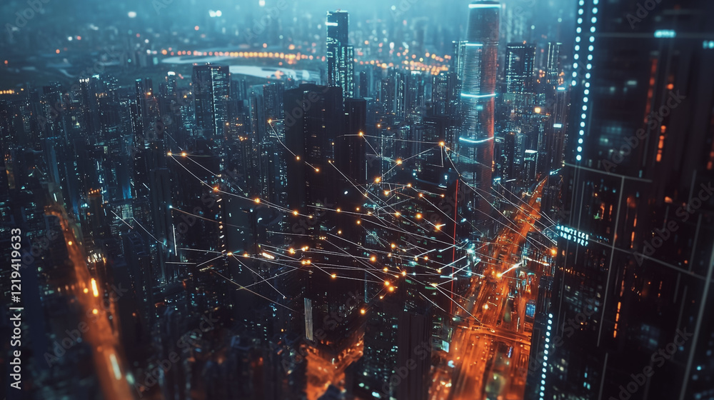 Smart digital Innovation city with connection network reciprocity over the twilight cityscape. of future smart wireless digital city and social media networking systems that connects people with city Smart digital Innovation city with connection network reciprocity over the twilight cityscape. of future smart wireless digital city and social media networking systems that connects people with city
