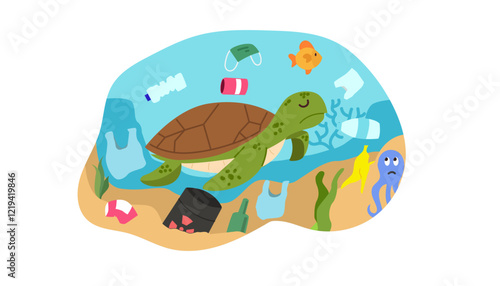 a turtle in polluted ocean with plastic and trash