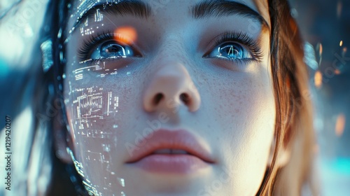 Futuristic biometrical analysis emotions. Close up woman face biometrics research. Innovate holographic interface inspecting person feelings using facial gestures. Digital technology future metaverse photo