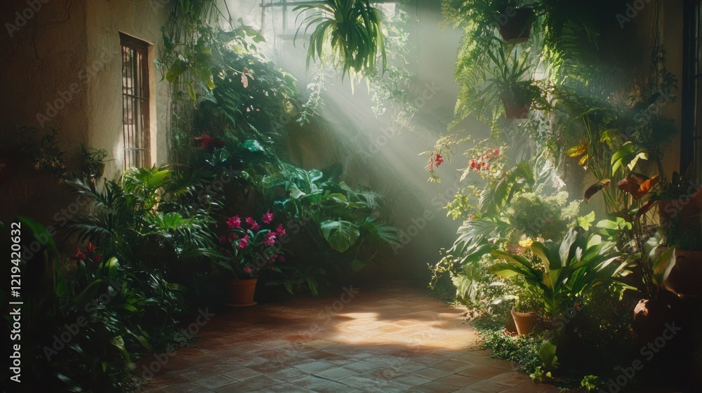 Fototapeta premium Sunbeams Illuminating a Lush Indoor Garden