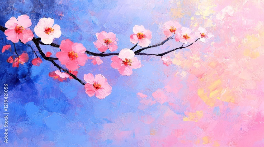 Fototapeta premium Japanese Landscape: Sakura Blossom Oil Painting of Tree in Japan