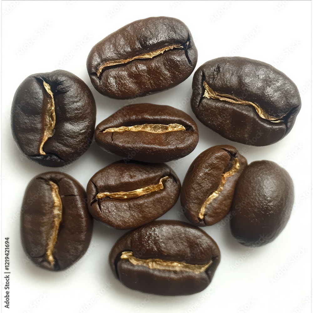 Coffee culture: The perfect grind by a barista. Coffee beans arranged on a white background. Coffee culture: The perfect grind by a barista. Coffee beans arranged on a white background.