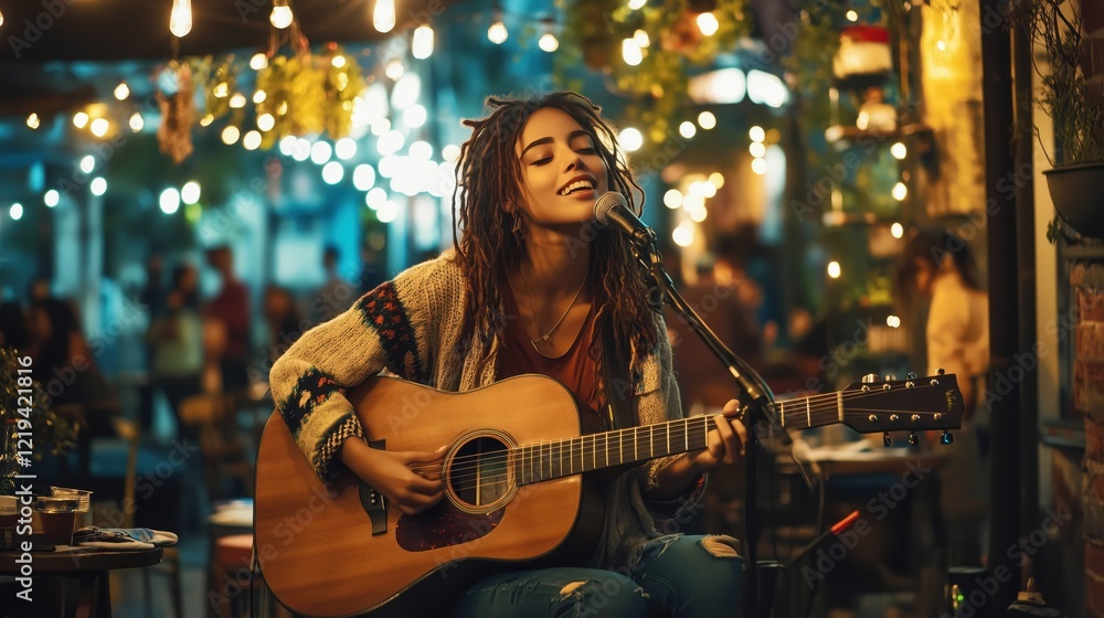 Obraz premium Female musician singing at outdoor café 