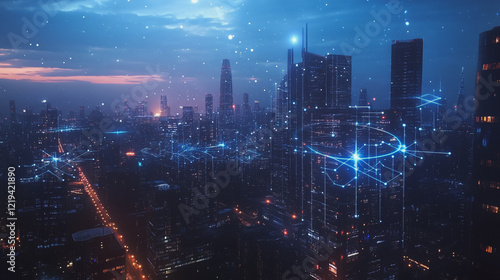 Wallpaper Mural Smart digital Innovation city with connection network reciprocity over the twilight cityscape. of future smart wireless digital city and social media networking systems that connects people with city Torontodigital.ca