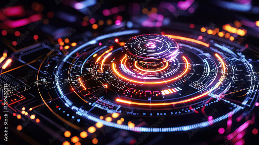 Holographic interface showing a rotating 3D satellite, glowing neon beams illuminating intricate mechanical parts, futuristic design Holographic interface showing a rotating 3D satellite, glowing neon beams illuminating intricate mechanical parts, futuristic design