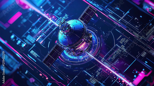 Wallpaper Mural Holographic interface showing a rotating 3D satellite, glowing neon beams illuminating intricate mechanical parts, futuristic design Torontodigital.ca