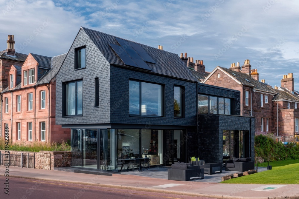 Modern architectural design contrasts with historic buildings in a coastal neighborhood with clear skies and vibrant greenery Modern architectural design contrasts with historic buildings in a coastal neighborhood with clear skies and vibrant greenery