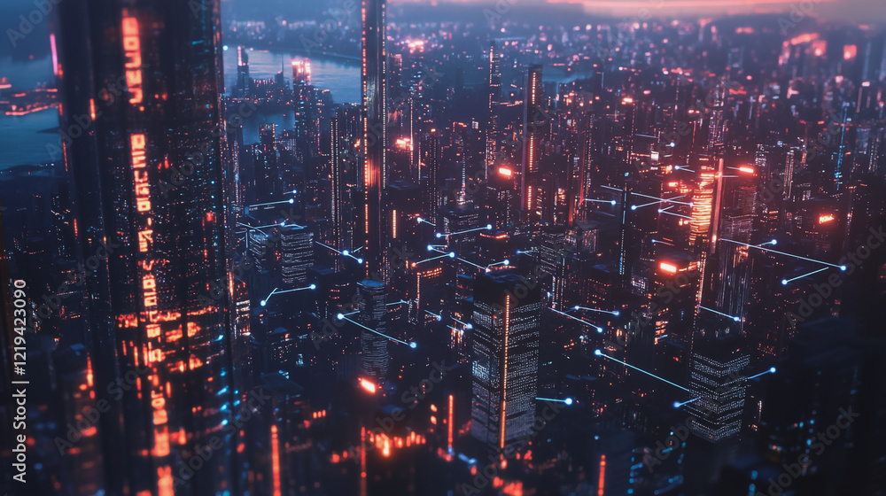 Fototapeta premium Smart digital Innovation city with connection network reciprocity over the twilight cityscape. of future smart wireless digital city and social media networking systems that connects people with city