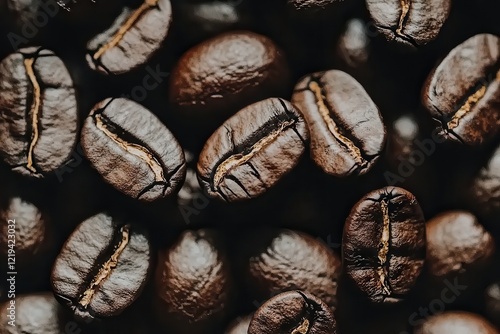 Coffee culture: The perfect grind by a barista. Close-up of dark roasted coffee beans on a black background. photo